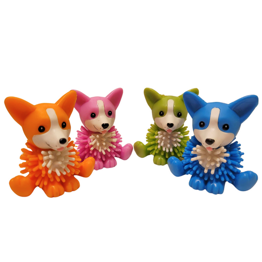 Four spiky corgi figures. From left to right they are orange, pink, lime green, and blue.