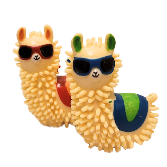Two spiky llama in sunglasses figures. From left to right, there is one with brown and orange accents, and then one with blue and green accents.