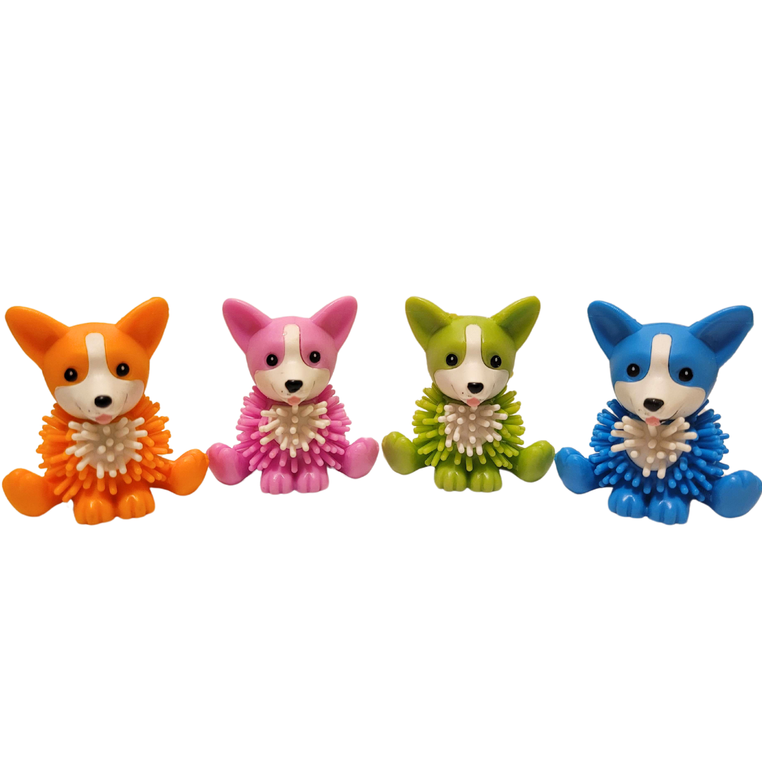 Four spiky corgi figures. From left to right they are orange, pink, lime green, and blue.