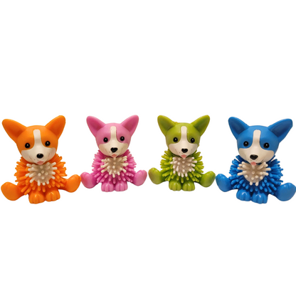 Four spiky corgi figures. From left to right they are orange, pink, lime green, and blue.