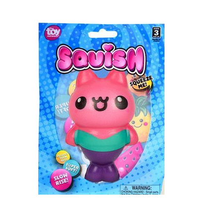 A pink kitty cat mermaid squishy in the packaging.