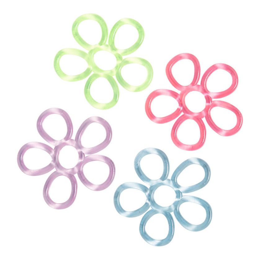 Four fidget flowers. Clockwise, they are lime green, pink, blue, and lavender.