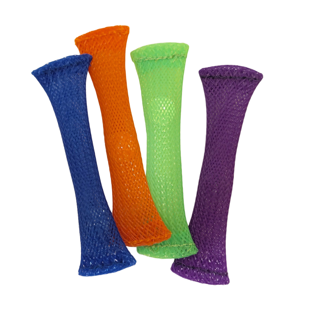 Four marble fidgets. From left to right they are blue, orange, lime green, and purple.