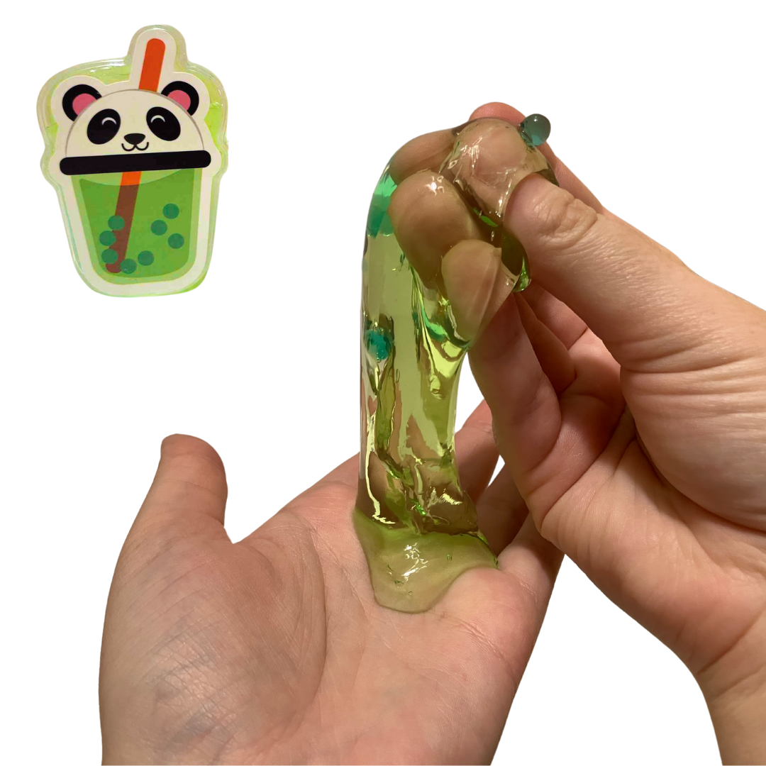 In the top left corner is the panda themed Boba Tea Inspired Slime. Larger, in the bottom right corner, a person's hands stretch out the slime, demonstrating the slightly watery texture.