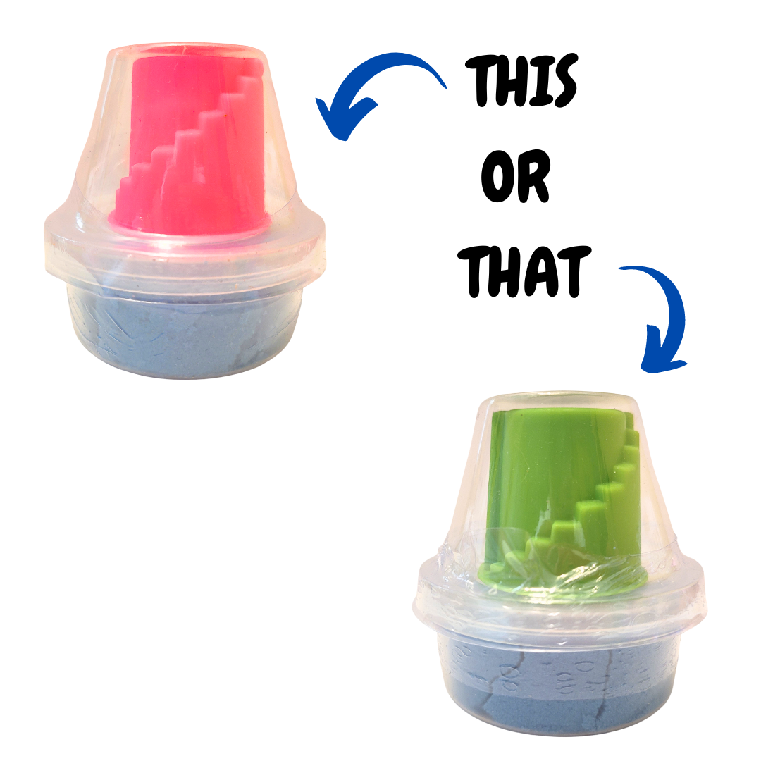 Text reads "This or That" with arrows. The "This" arrow points to a container of blue sensory sand with a pink cylindrical castle mold. The arrow labeled "that" points to a container of blue sensory sand with a green cylindrical castle mold.