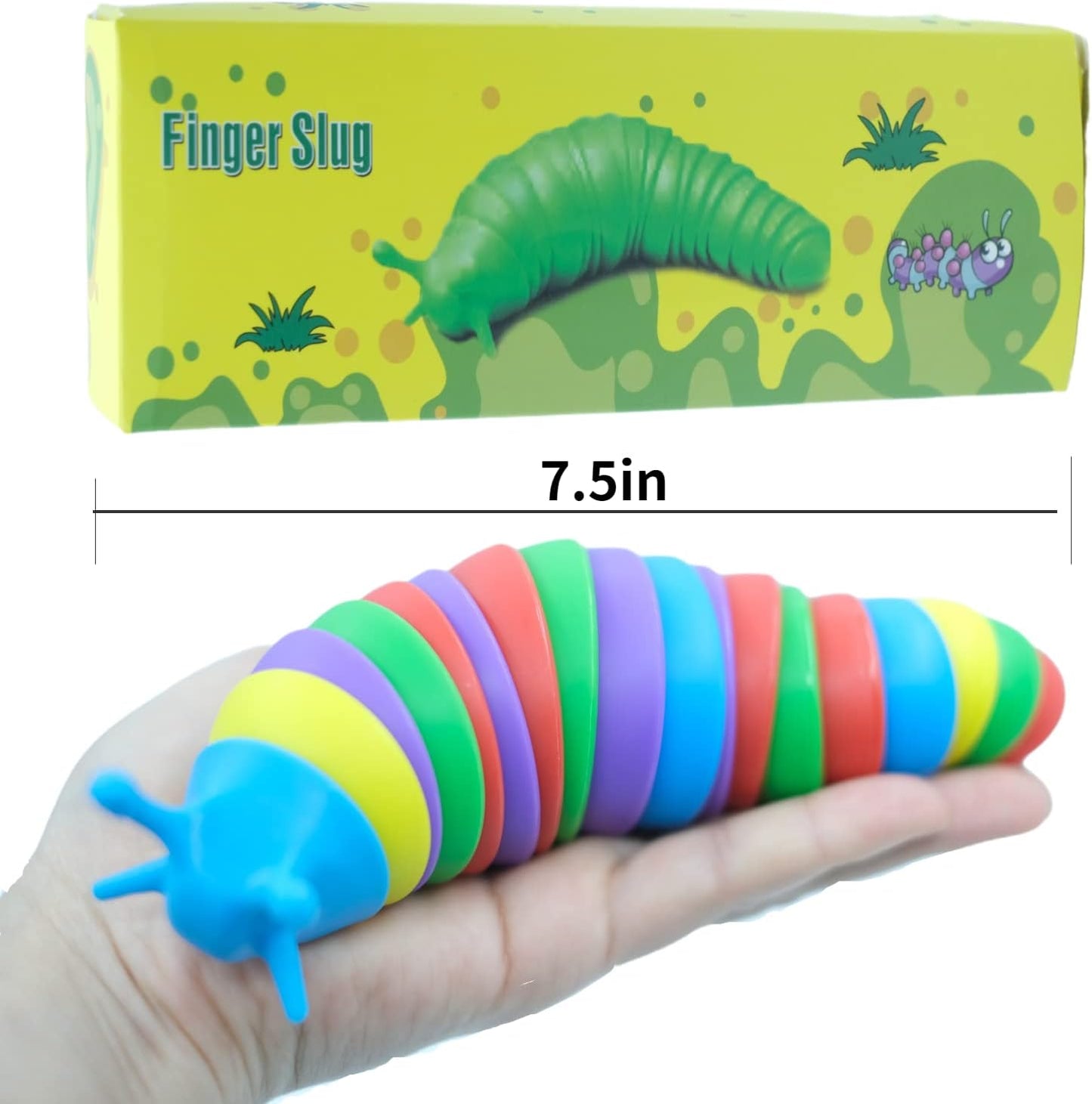 At the top, a fidget slug box. At the bottom, a person holds out a fidget slug in their hands. A measuring line indicates that the fidget slug is 7.5 inches long.