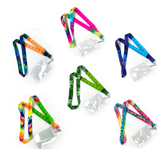 Six fidget lanyards with rectangular bubble poppers along the lanyards. At the end of each lanyard is a clear ID holder.