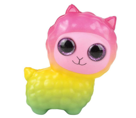An Alpaca Sparkle Eye Slow Rise Squishy. The Alpaca has a pink, yellow, and green gradient with fuschia eyes.