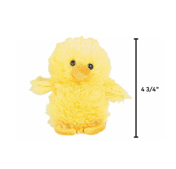 A yellow fuzzy chick plush. To the right is a measuring line that indicates that the chick plush is 4 and 3/4 inches tall.