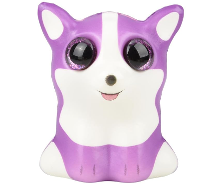 A Corgi Sparkle Eye Slow Rise Squishy. The Corgi is lavender and white with lavender eyes.