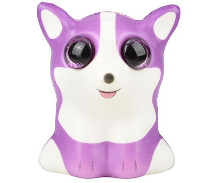 A Corgi Sparkle Eye Slow Rise Squishy. The Corgi is lavender and white with lavender eyes.