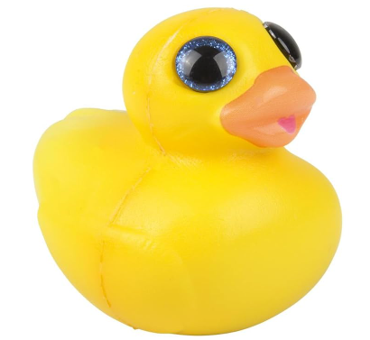 A Duck Sparkle Eye Slow Rise Squishy. The duck is bright yellow with sky blue eyes.