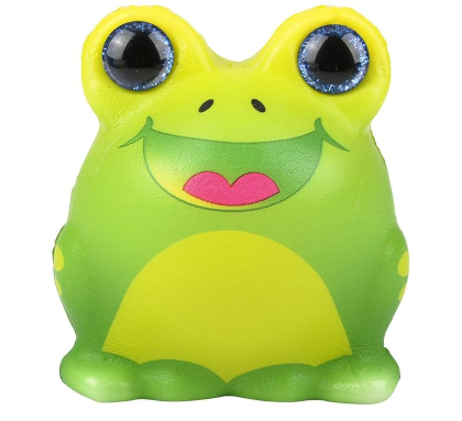 A Frog Sparkle Eye Slow Rise Squishy. The frog is a green and lime green gradient with sky blue eyes.