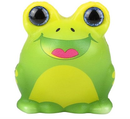 A Frog Sparkle Eye Slow Rise Squishy. The frog is a green and lime green gradient with sky blue eyes.