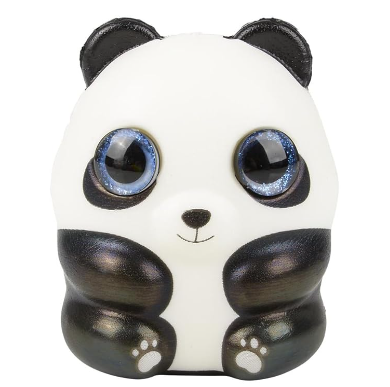 A Panda Sparkle Eye Slow Rise Squishy. The panda is black and white with sky blue eyes.