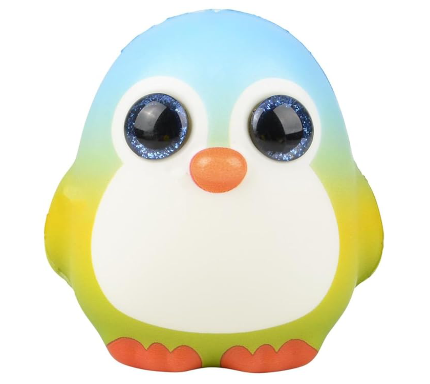 A Penguin Sparkle Eye Slow Rise Squishy. The penguin has a lime green and light blue gradient, with white accents. It has blue eyes.