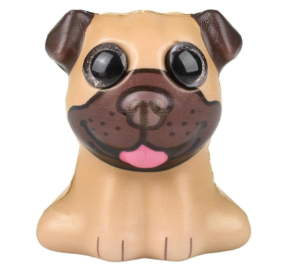 A Pug Sparkle Eye Slow Rise Squishy. The pug is tan with brown accents and has brown eyes.