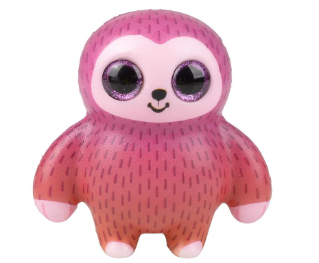 A Sloth Sparkle Eye Slow Rise Squishy. The Sloth is fuschia with light pink accents. The sloth has purple eyes.