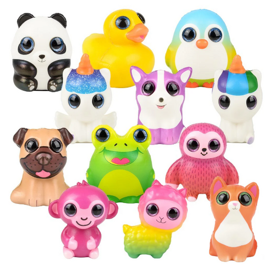 All sparkle eye slow rise squishies in a single photo. From left to right, top to bottom they are: Panda, Duck, Penguin, Pegasus, Corgi, Unicorn, Pug, Frog, Sloth, Monkey, Alpaca, and Cat.