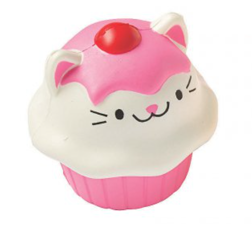 A kitty cat cupcake slow rise squishy. The cat's face is white, the icing is pink, and the "wrapper" area is pink.