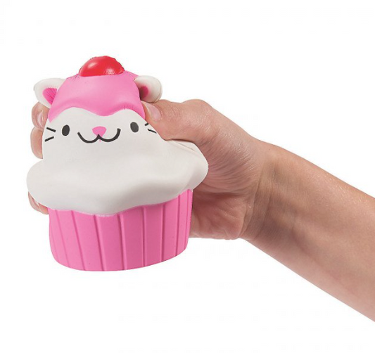 A person's hand squeezes a kitty cat cupcake slow rise squishy.