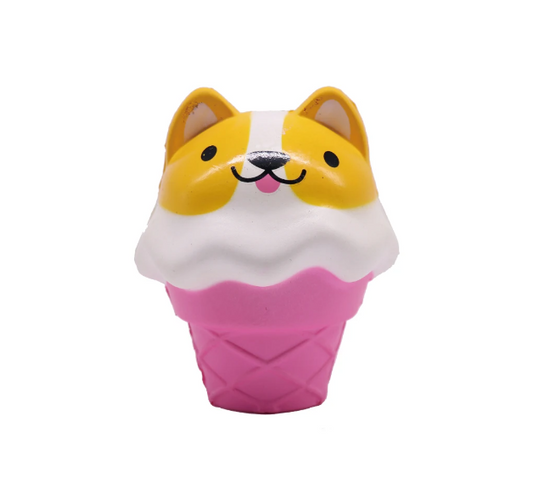 A slow rise squishy that has a pink ice cream cone and a corgi face as the ice cream scoop.