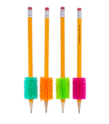 Four pencils with soft hedge pencil grips on them. From left to right, the colors of the grips are teal, orange, lime green, and pink.