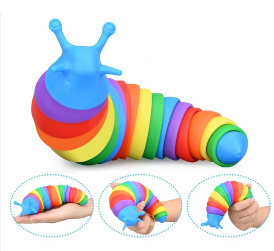 Image of a rainbow fidget slug. Underneath the fidget slug, there are three smaller images of a person's hands demonstrating the motion capabilities of the toy.