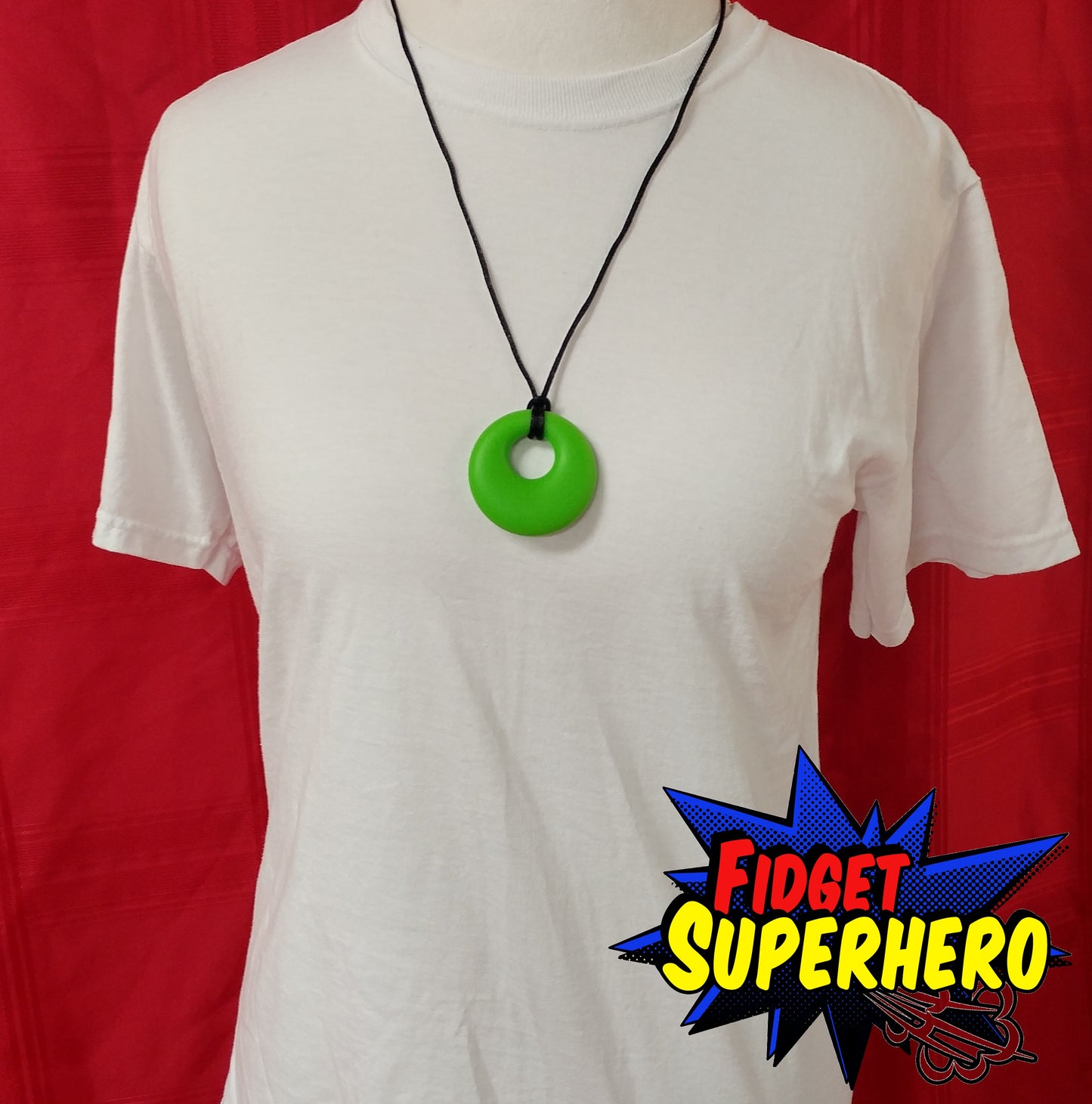 Green Round Chewable Necklace on mannequin