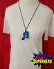 Blue Chewable Music Note Necklace on mannequin