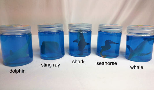 5 Sea Slimes with Animals lined up. From left to right, they are dolphin, sting ray, shark, seahorse, and whale.
