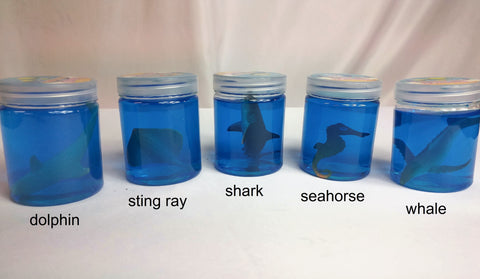5 Sea Slimes with Animals lined up. From left to right, they are dolphin, sting ray, shark, seahorse, and whale.