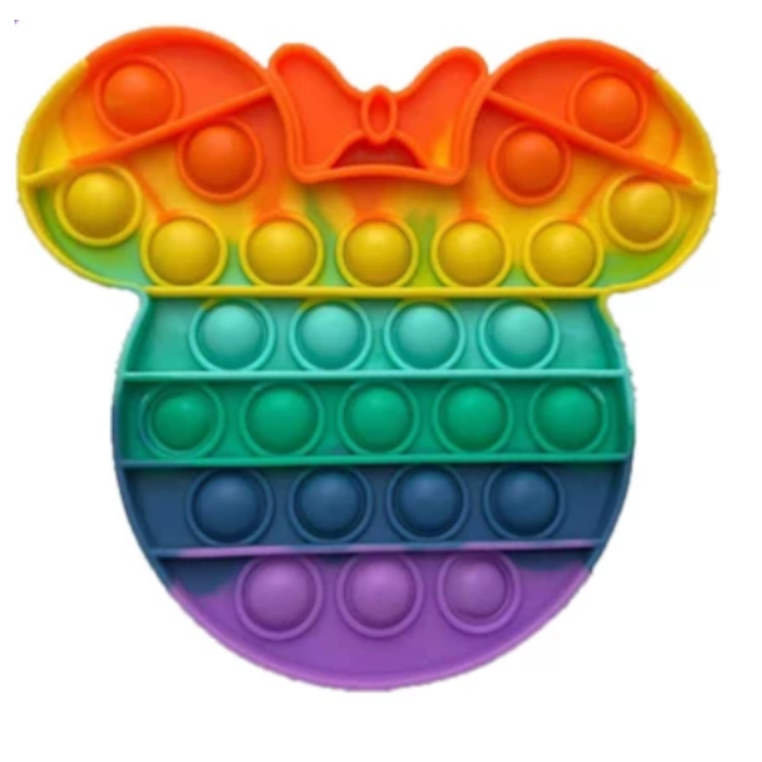 A mouse head shape with bow bubble pop fidget. The colors are a rainbow gradient.