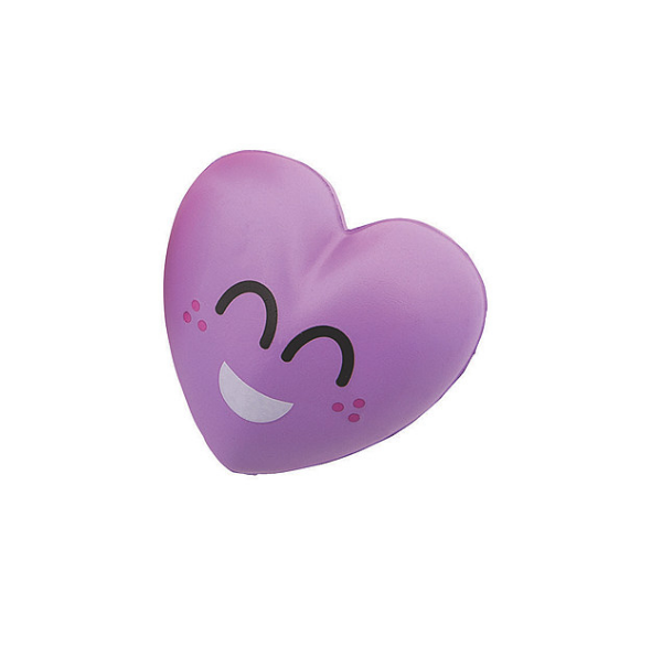 A lavender happy heart slow rise squishy. It has a toothy happy grin, closed smiling eyes, and a pink freckles.