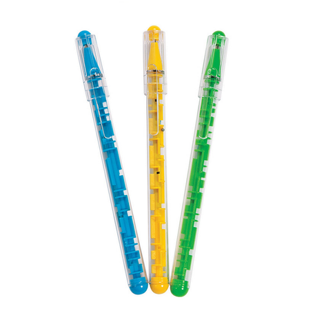 Three maze pens. From left to right they are blue, yellow, and green.