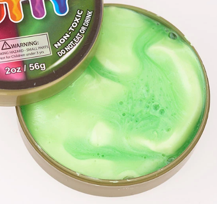 A close up of an open container of neon green metallic putty.