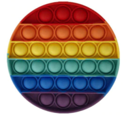 Circular shaped bubble pop fidget. Each of the six rows is in one of the colors of the rainbow.