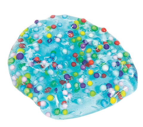 Blue Slime with Foam Beads. It is out of the container and lays flat. The slime is full of rainbow colored foam beads.
