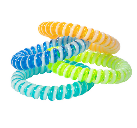 Four two-toned phone cord bracelets in a pile. From top to bottom, they are orange and white, blue and white, lime green and white, and teal and white.