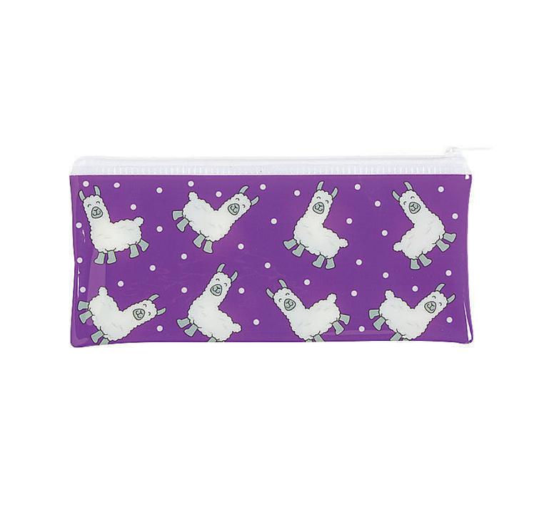 A purple animal fidget bag with alpacas and polka dots.