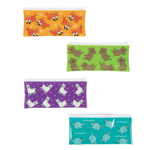 Four Animal Fidget Bags. From top to bottom: orange with foxes and mushrooms, lime green with otters and fish, purple with alpacas and polka dots, and blue with narwhals and waves.