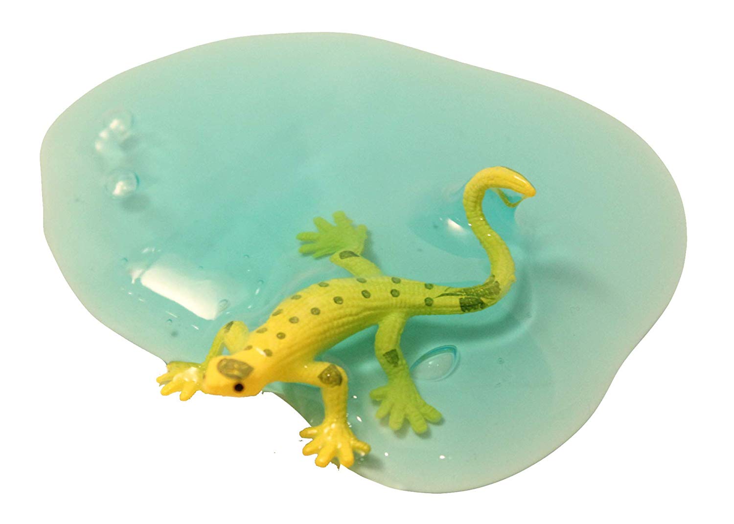 Blue slime poured out on a surface, with a yellow lizard standing in it.