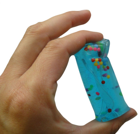 A person's hand holding a blue mini water wiggler between two fingers