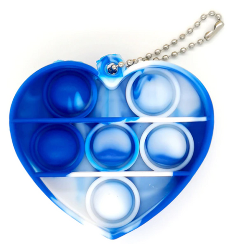 Heart shaped blue and white bubble pop fidget keychain. This keychain has 6 bubbles to pop, two on the top row, three in the middle row, and one on the bottom.