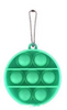Circular shaped green bubble pop fidget keychain. It has three rows of bubbles. The top and bottom rows have two bubbles and the middle has three bubbles, for a total of 7.