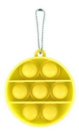 Circular shaped yellow bubble pop fidget keychain. It has three rows of bubbles. The top and bottom rows have two bubbles and the middle has three bubbles, for a total of 7.