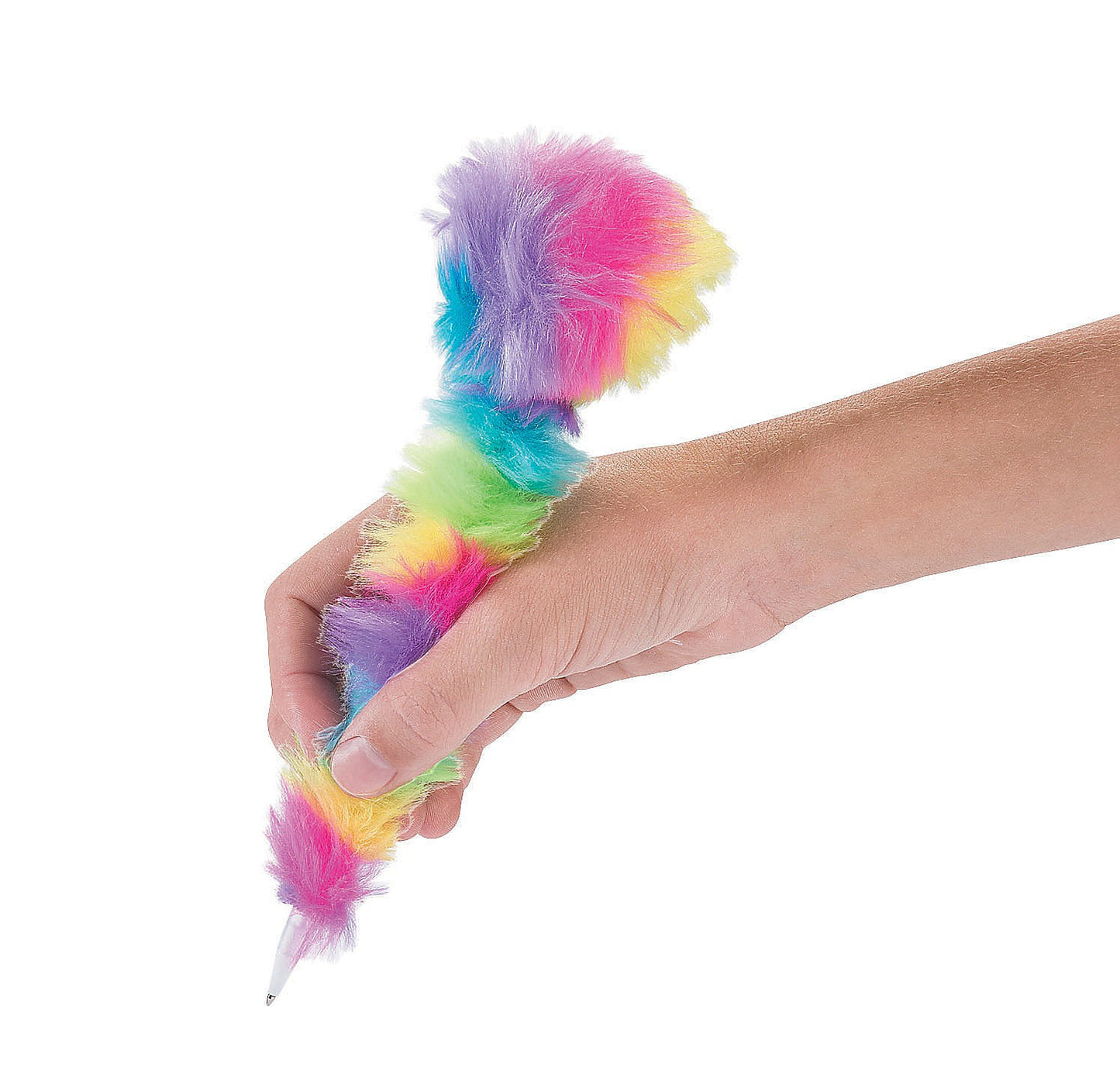 A person's hand holds a rainbow furry pen.