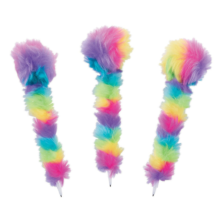 Three rainbow furry pens. The rainbow colors form a spiral down the body of the pens.