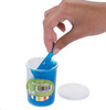 An open container of blue glitter noise putty. A hand stretches the putty out of the container.
