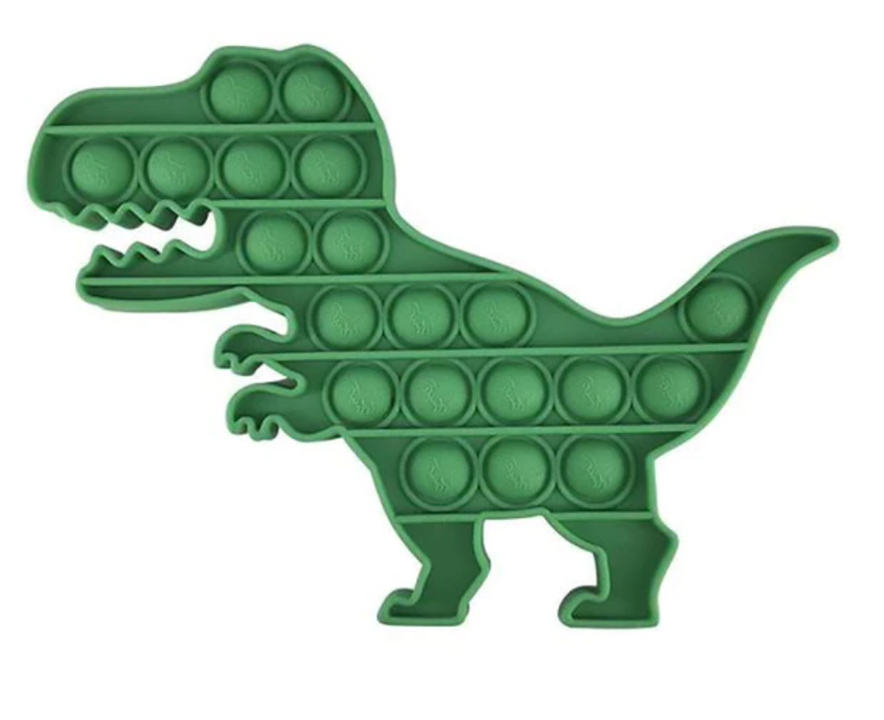 Green bubble pop fidget in the shape of a T-rex. On each bubble is an imprint of a T-rex.